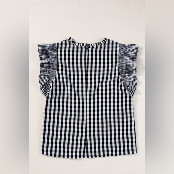 Ruffled Plaid Mock Neck Cap Sleeve Blouse - Picture 8 of 11